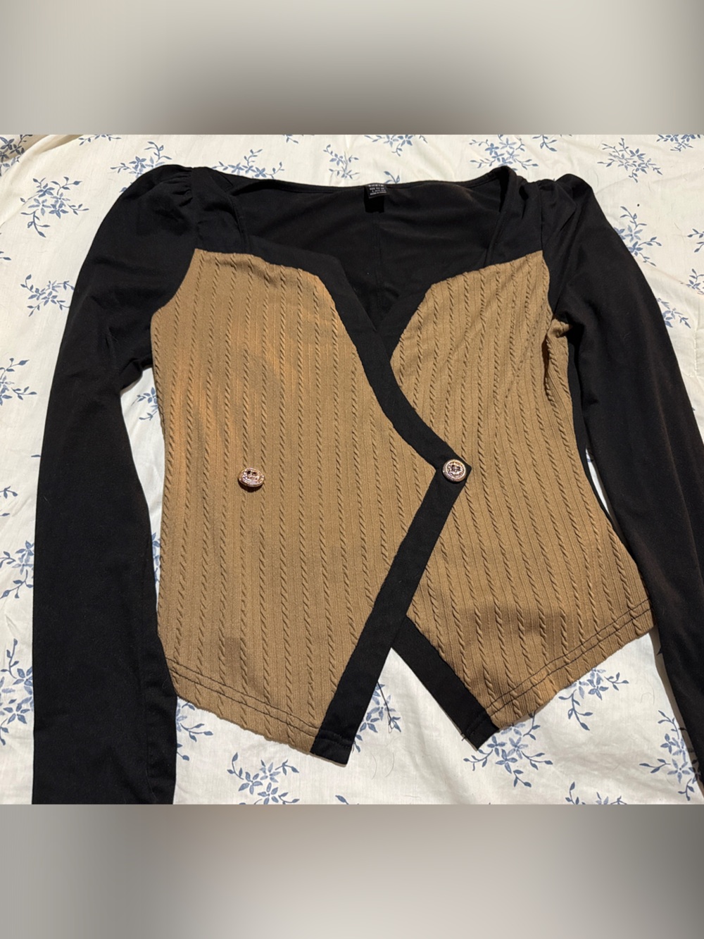 SHEIN Black and Tan Two-Tone Long Sleeve Knit Top
